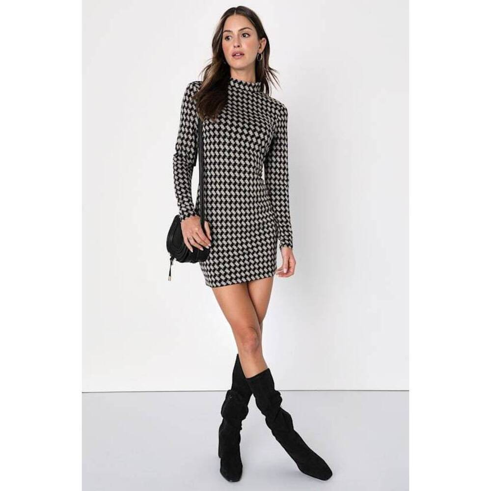 Lulus Cool Girl Status Black Print Mock Neck Long Sleeve Mini Dress - Size M